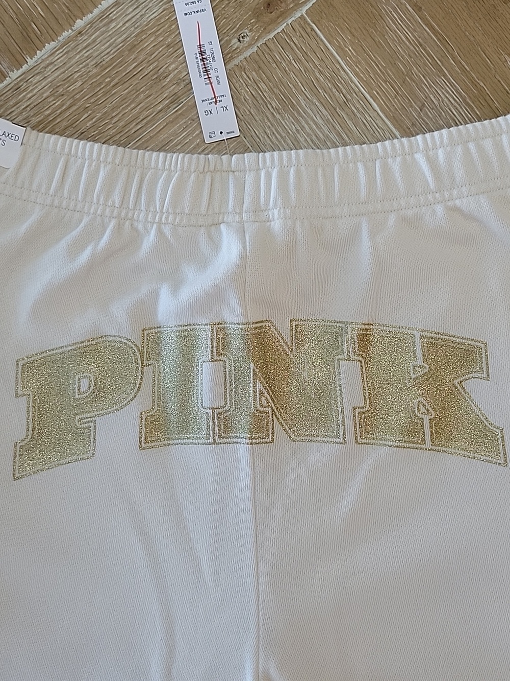 RARE PINK Victoria's Secret Beige Jogger Sweatpants Gold Sparkle Logo XL NWT - Picture 9 of 11